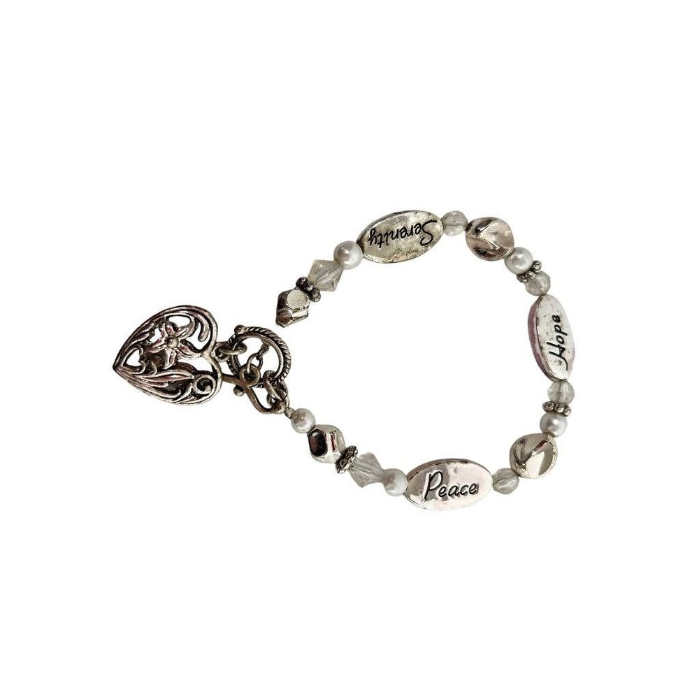 Silvertone Beaded Heart Charm Toggle Clasp 7.5" Bracelet Hope Serenity Peace